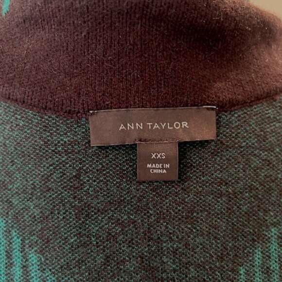 Ann Taylor Long Cardigan Sweater Coat – Black & Teal Plaid - Size XXS - Picture 3 of 5